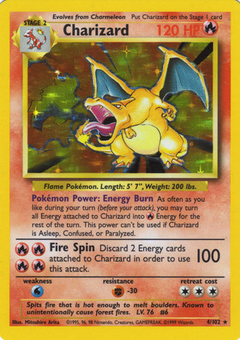 Base Set Charizard (4/102) — the 1999 holo Rare and one of the most coveted Pokémon TCG cards